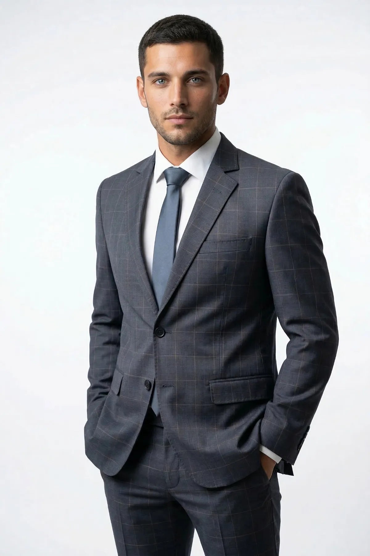 Terno Masculino Poliviscose Semi Slim Cinza Xadrez