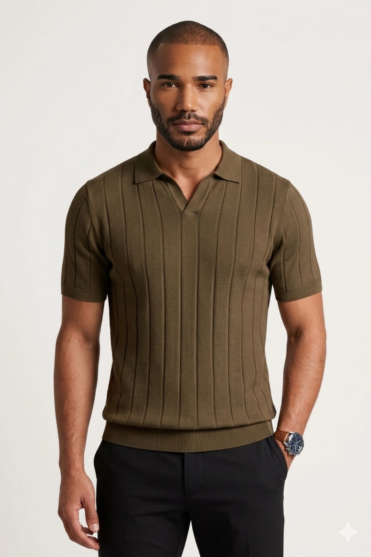 Camisa Polo Masculina Tricot Canelada Gola V