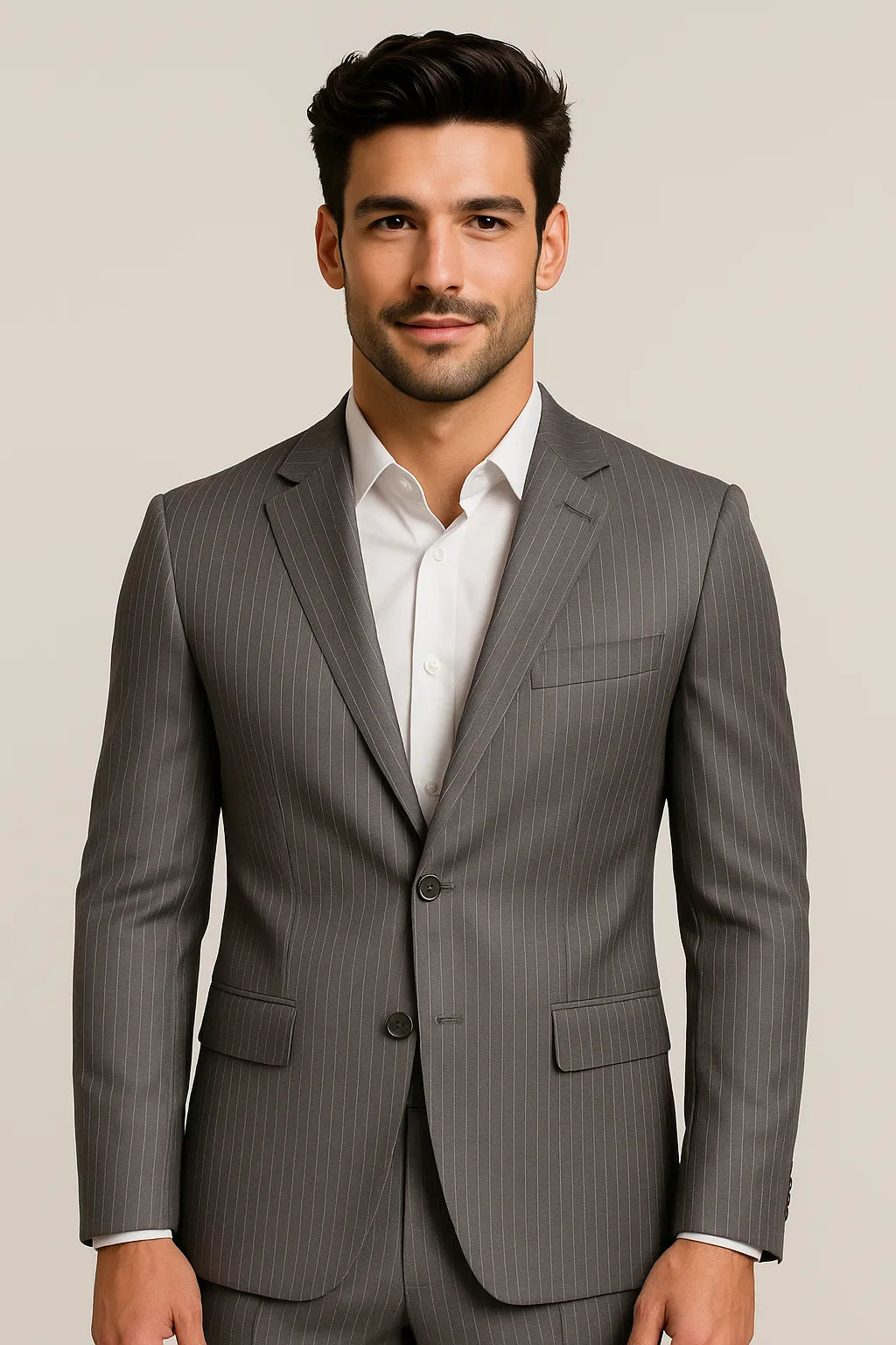 Terno Slim Masculino Cinza Risca de Giz em Poliviscose