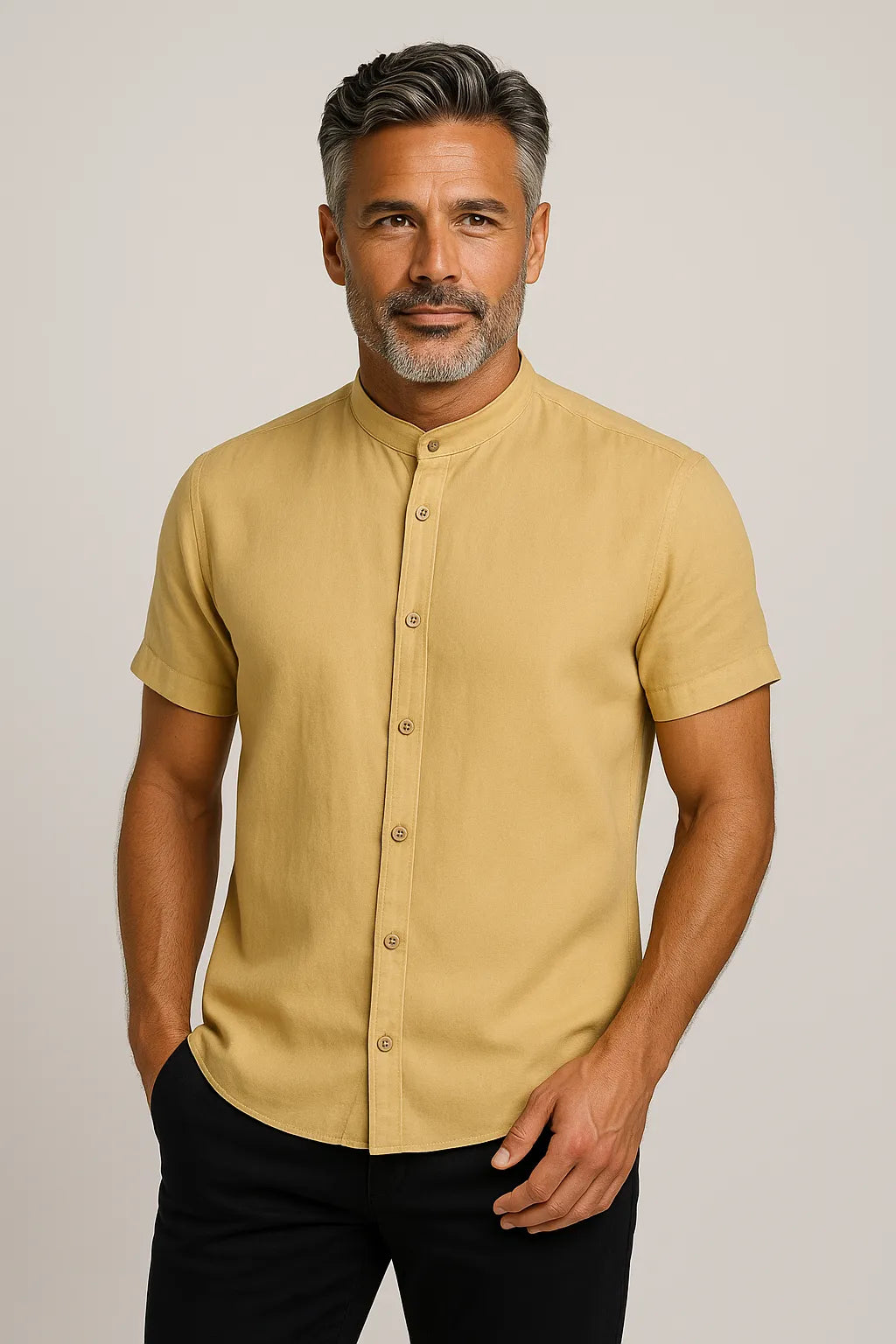 Camisa Sarja Estonada com Gola Padre Manga Curta