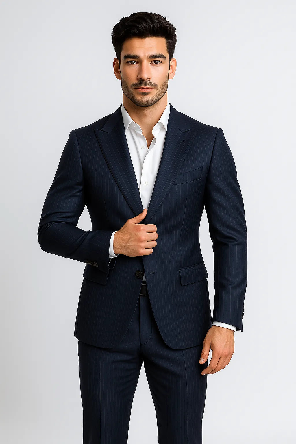 Terno Slim Masculino Azul Petróleo Risca de Giz em Poliviscose