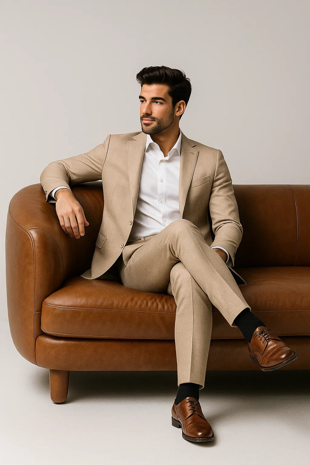 Terno Slim Masculino Bege Mesclado em Poliviscose