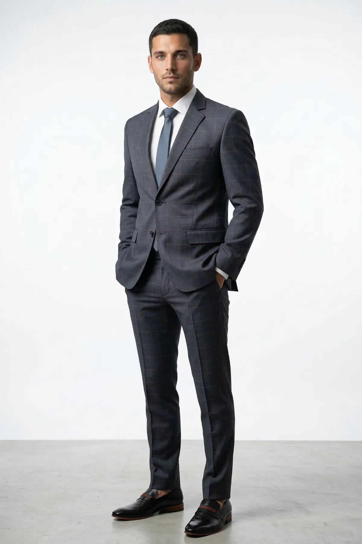 Terno Masculino Poliviscose Semi Slim Cinza Xadrez