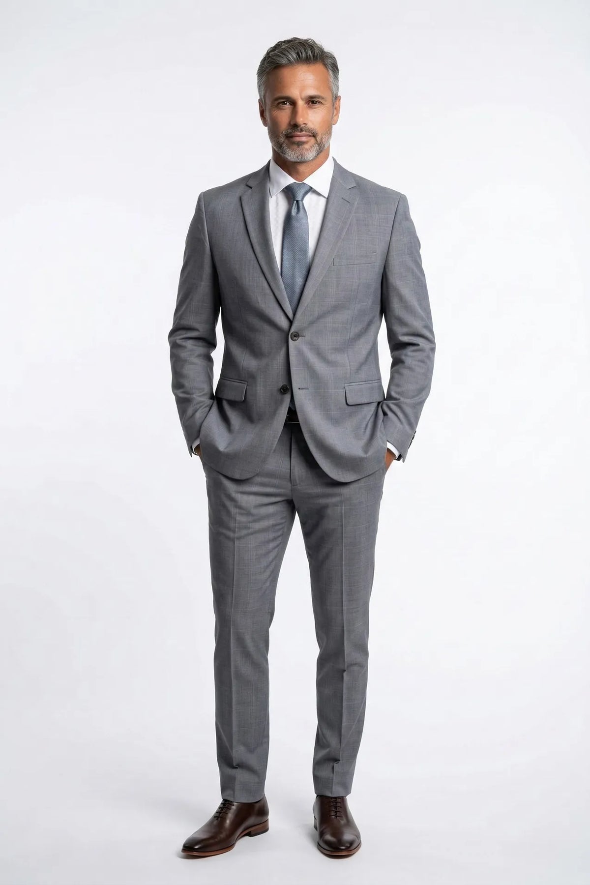 Terno Masculino Poliéster Semi Slim Cinza Xadrez