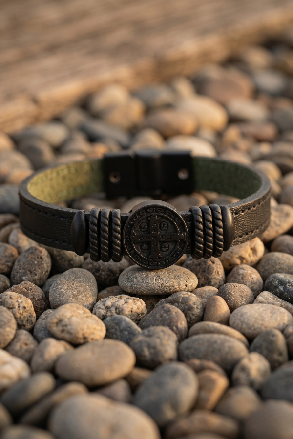 Pulseira Masculina São Bento em Couro Legítimo Preta