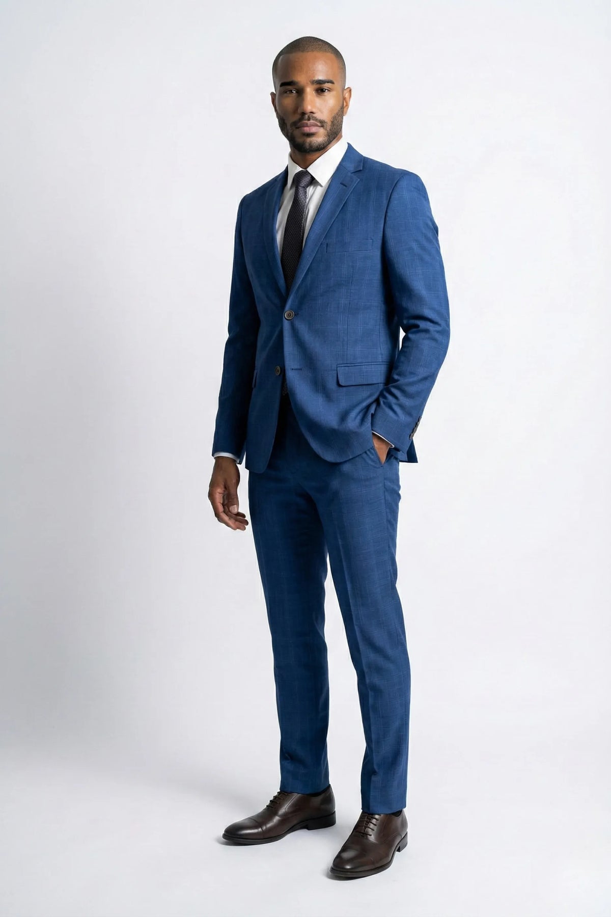 Terno Masculino Poliéster Semi Slim Azul Xadrez