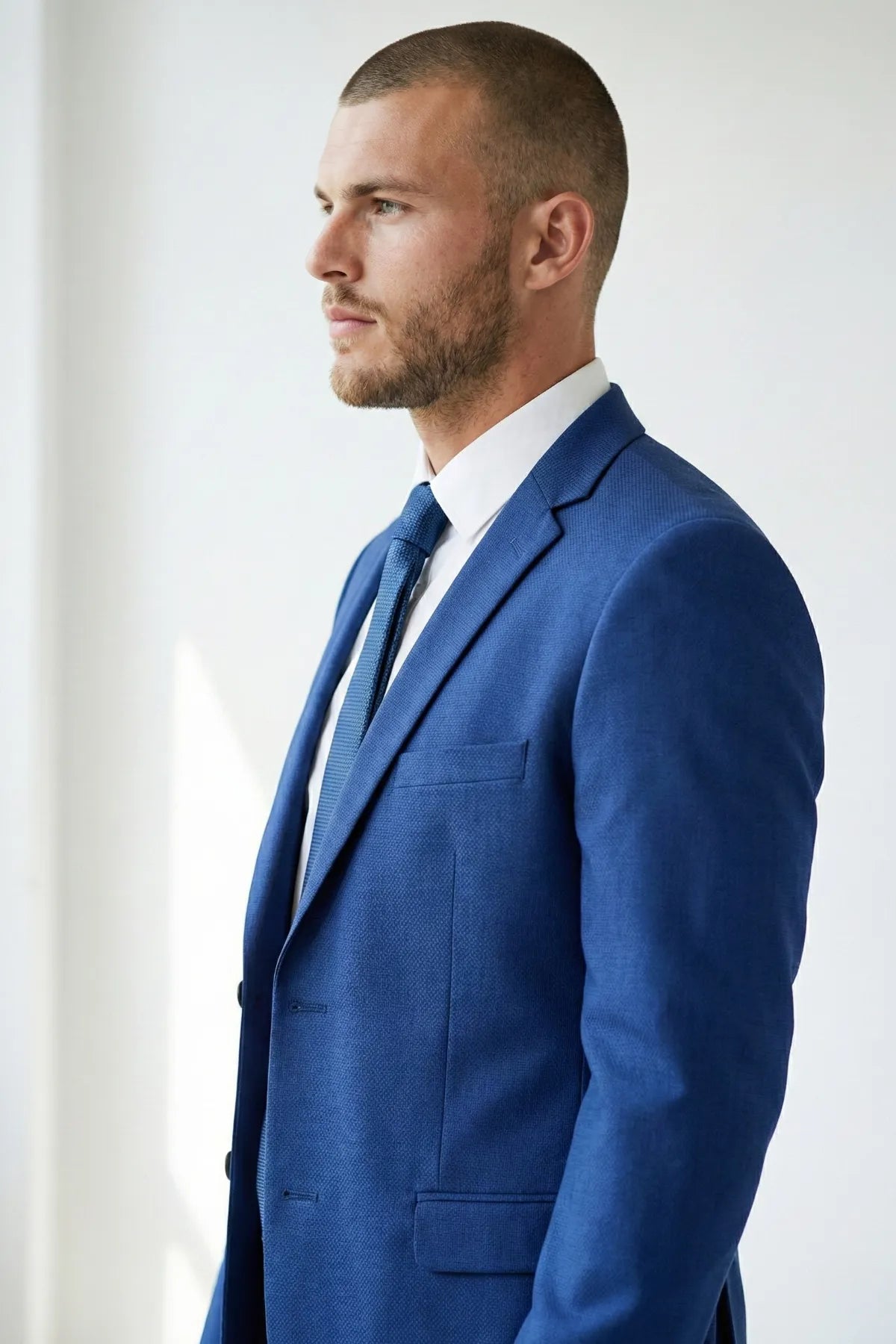 Terno Masculino Poliéster Semi Slim Azul Texturizado