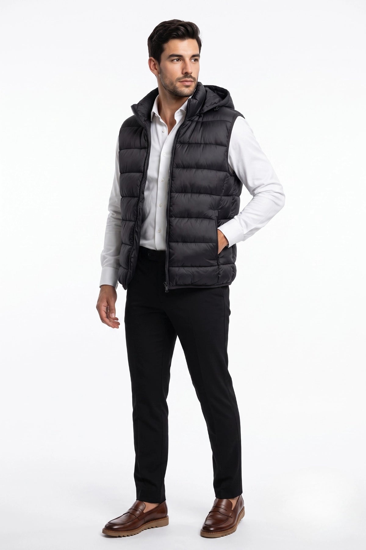 Colete Masculino Puffer Preto com Capuz Removível