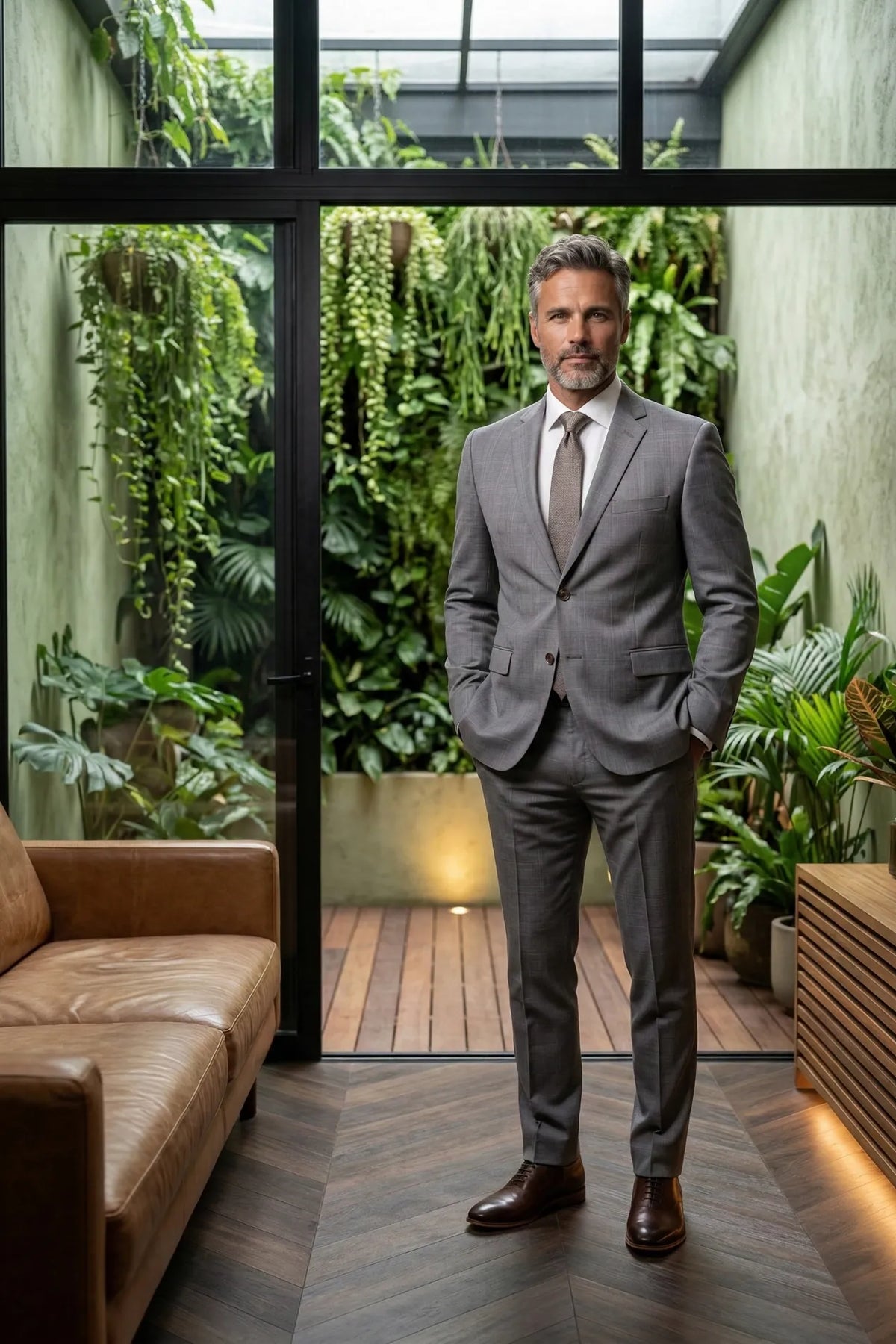 Terno Masculino Poliéster Semi Slim Cinza Xadrez