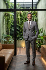 Terno Masculino Poliéster Semi Slim Cinza Xadrez