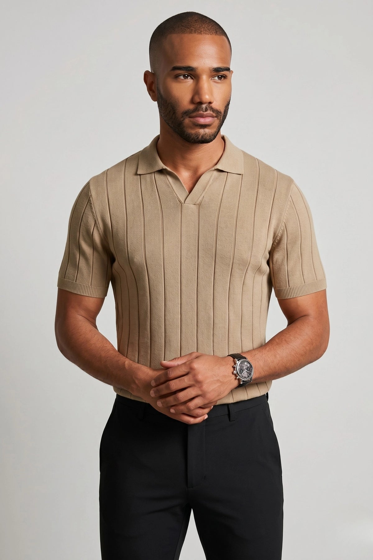 Camisa Polo Masculina Tricot Canelada Gola V