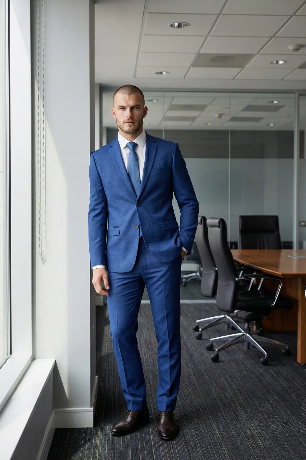 Terno Masculino Poliéster Semi Slim Azul Texturizado