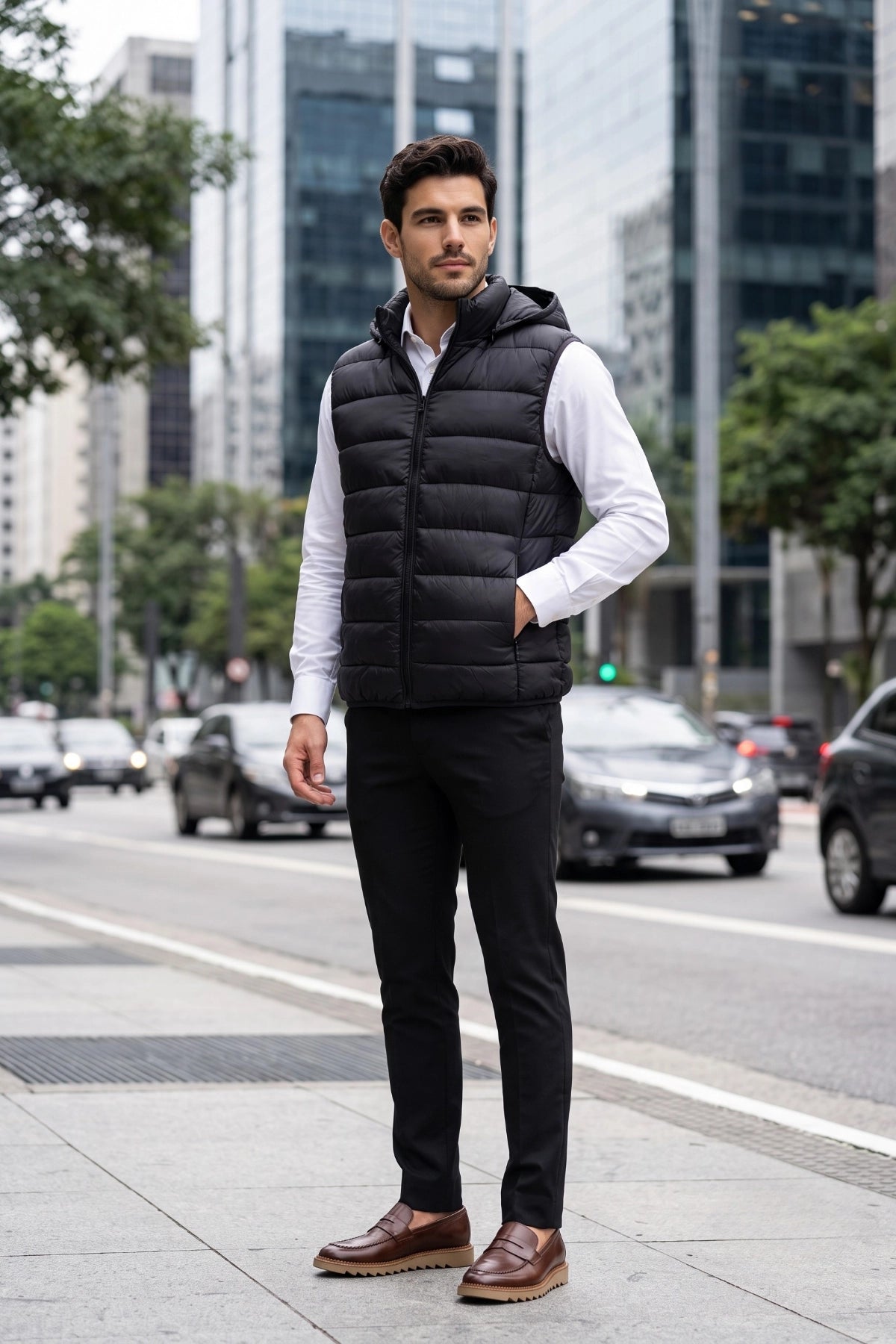 Colete Masculino Puffer Preto com Capuz Removível