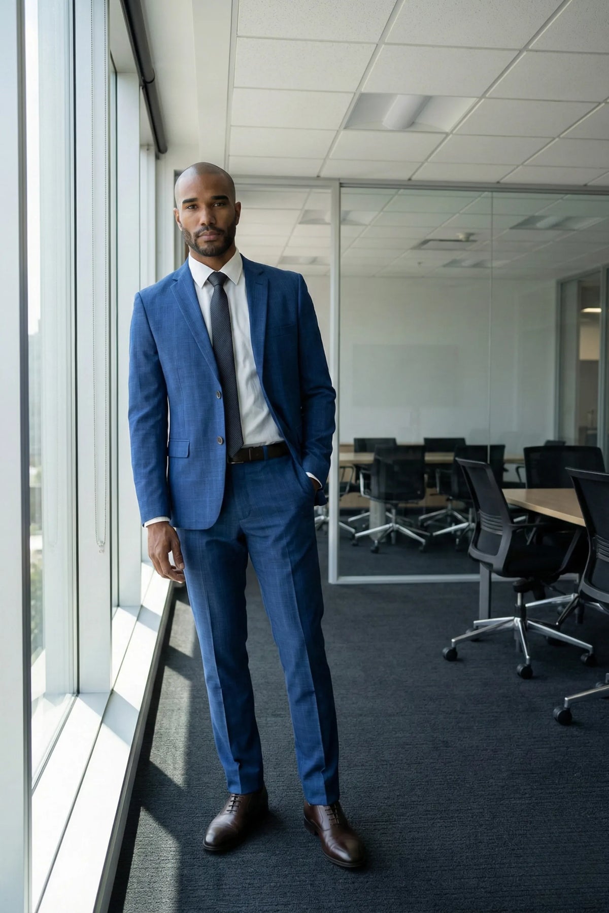 Terno Masculino Poliéster Semi Slim Azul Xadrez