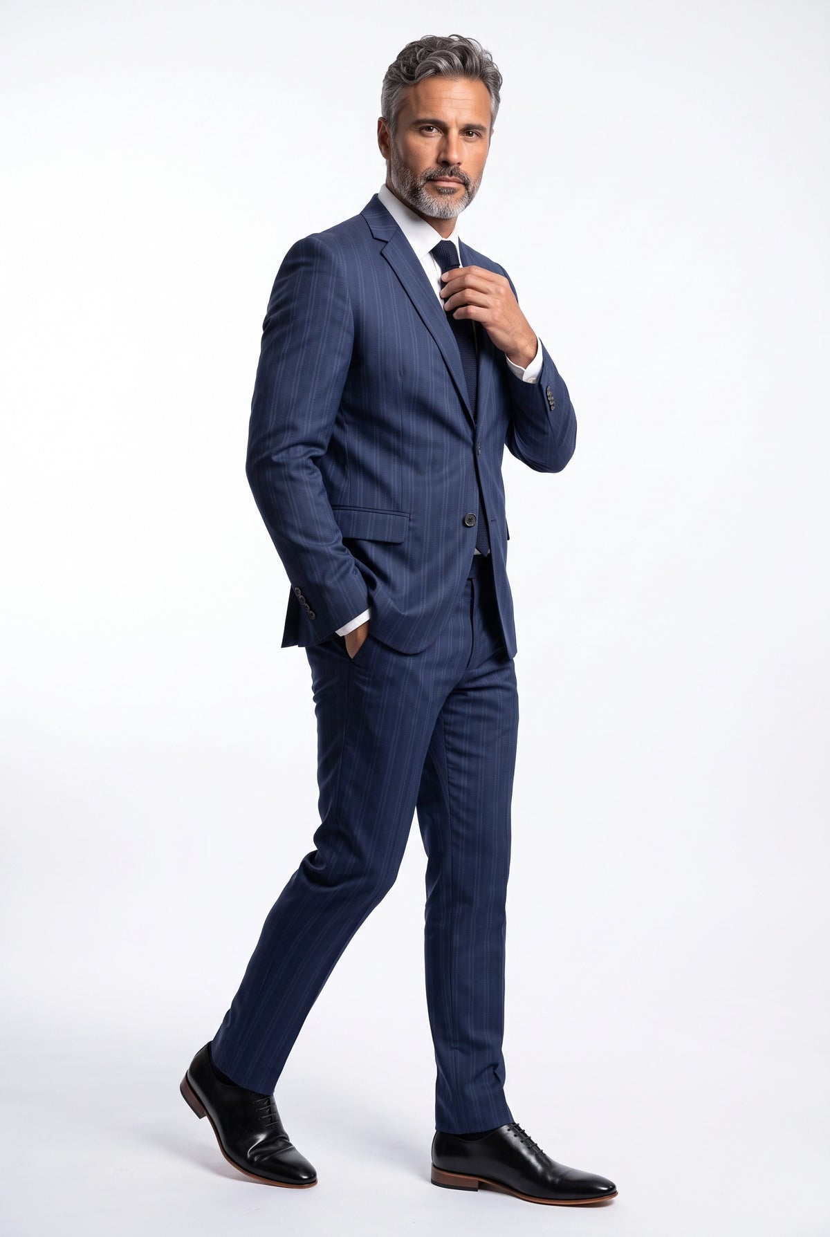 Terno Masculino Poliéster Semi Slim Azul Listrado