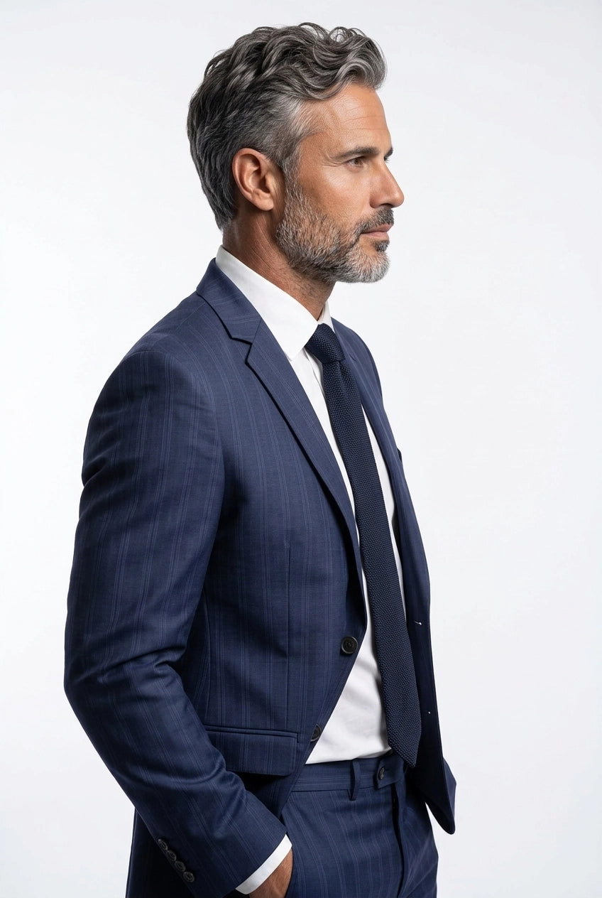 Terno Masculino Poliéster Semi Slim Azul Listrado