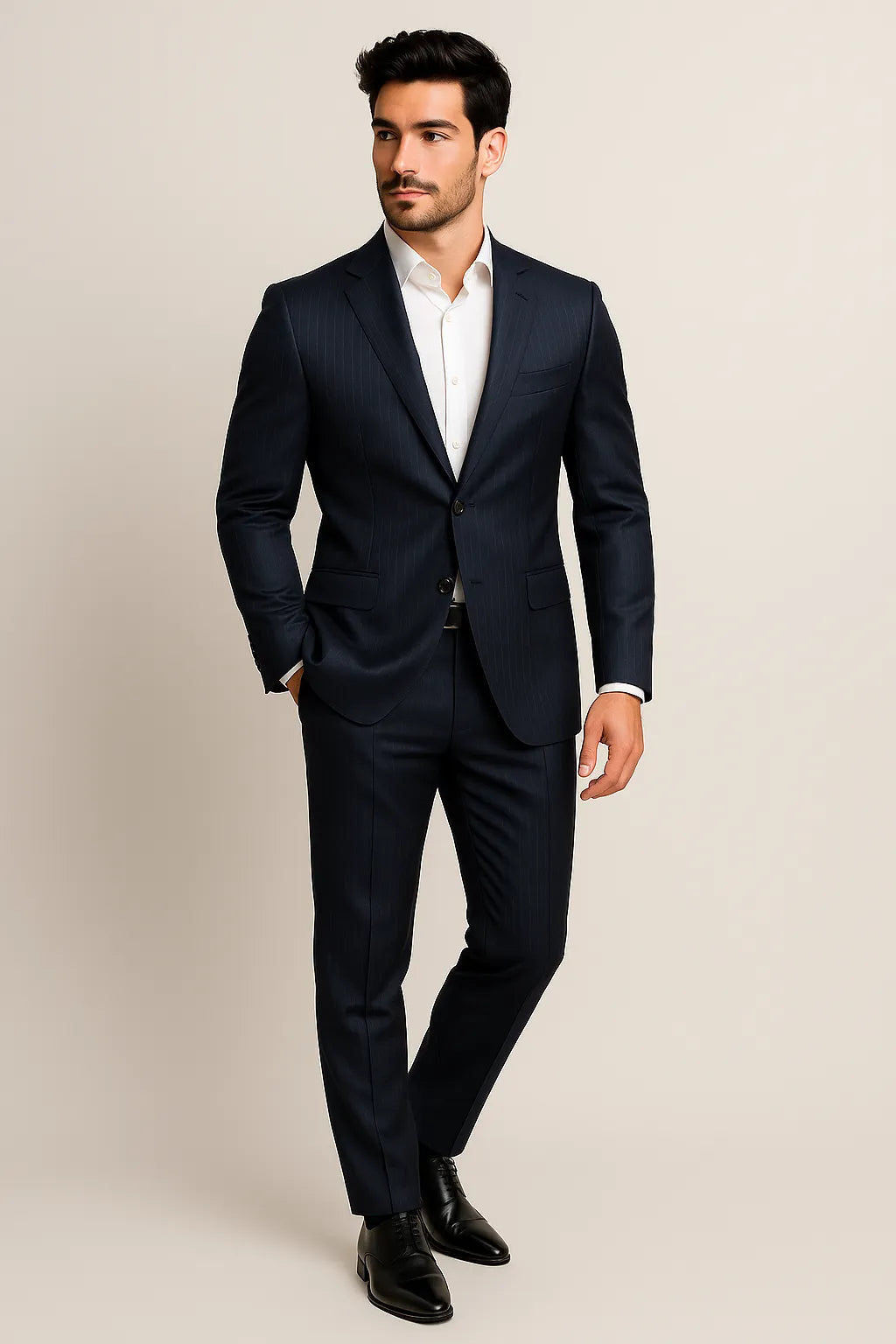 Terno Slim Masculino Azul Petróleo Risca de Giz em Poliviscose