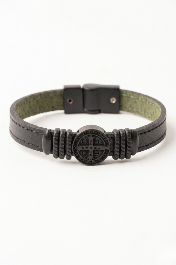 Pulseira Masculina São Bento em Couro Legítimo Preta
