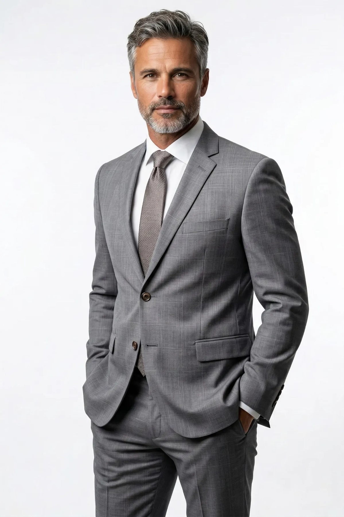 Terno Masculino Poliéster Semi Slim Cinza Xadrez