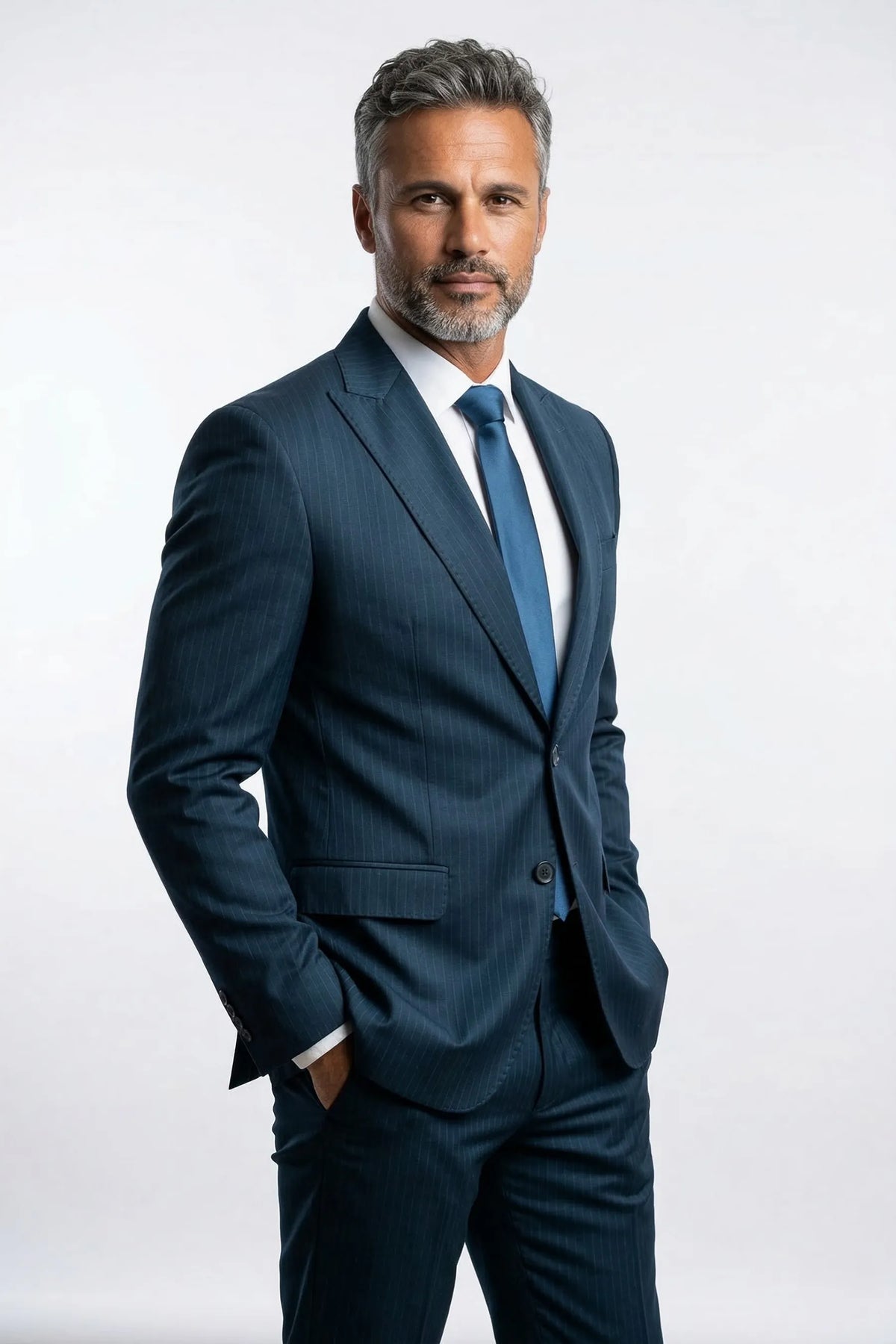 Terno Slim Masculino Azul Petróleo Risca de Giz em Poliviscose