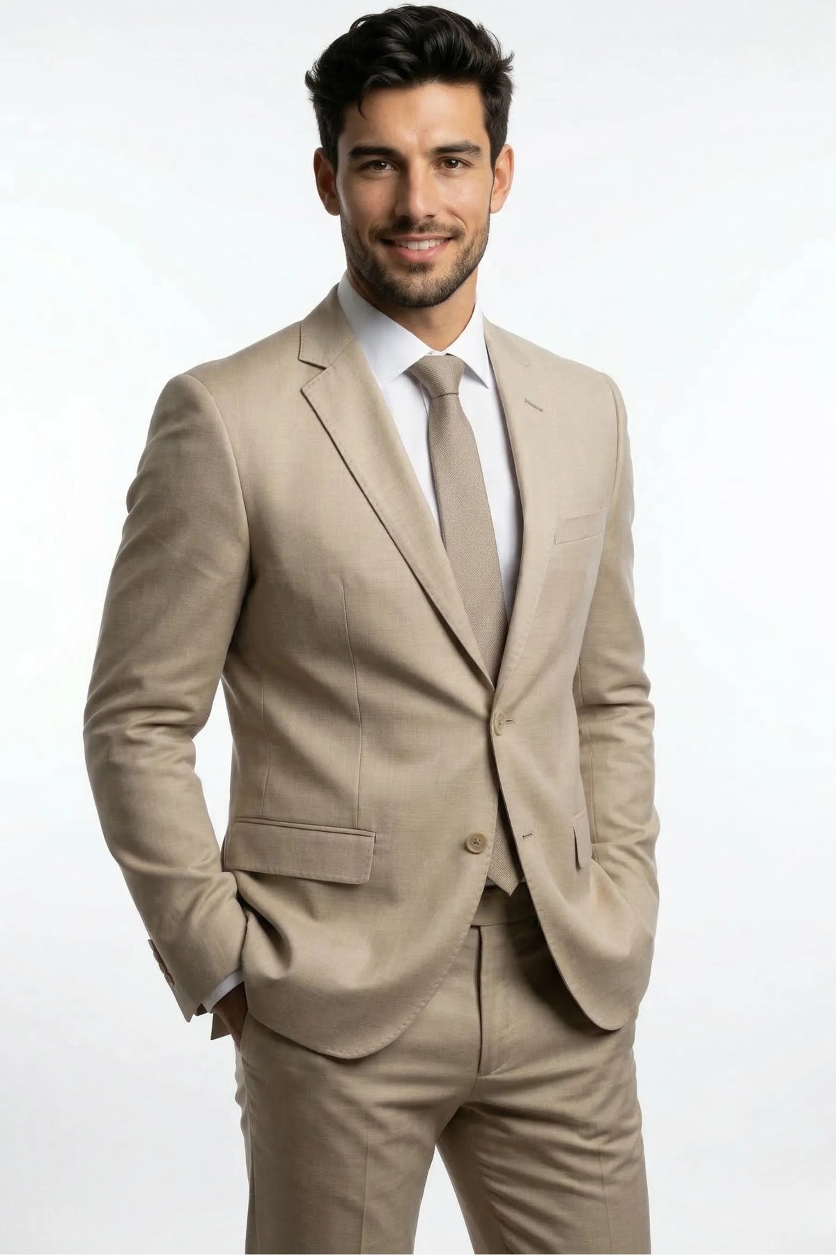 Terno Slim Masculino Bege Mesclado em Poliviscose