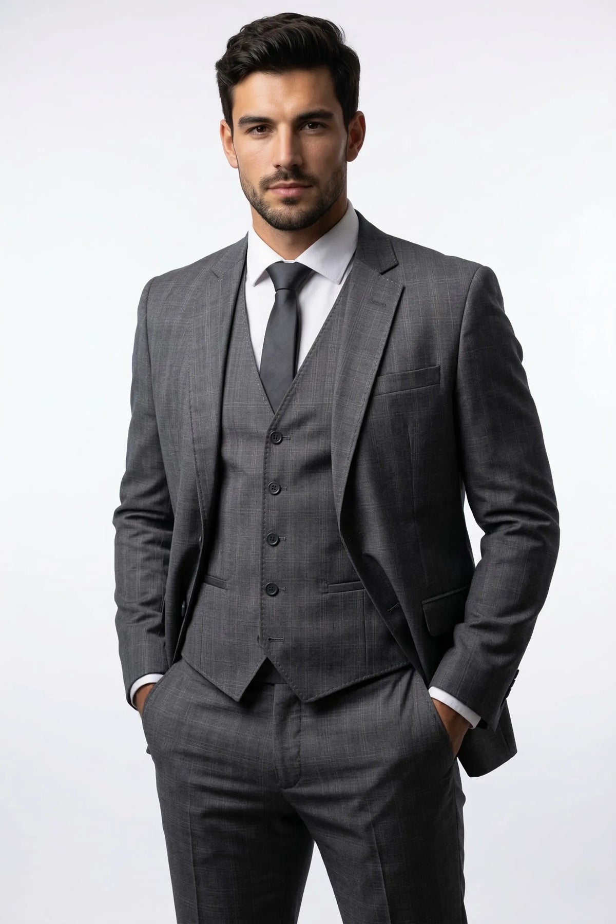 Terno Masculino Príncipe de Gales em Poliviscose Cinza Escuro