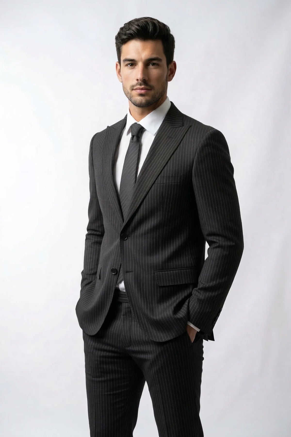 Terno Slim Masculino Preto Risca de Giz em Poliviscose