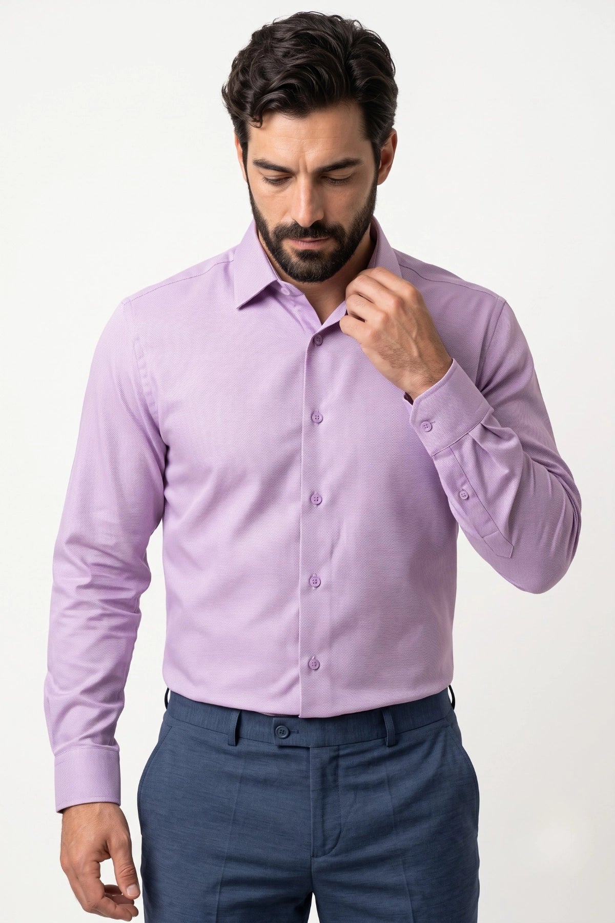 Camisa Social Masculina Tradicional Lilás Microtexturizada