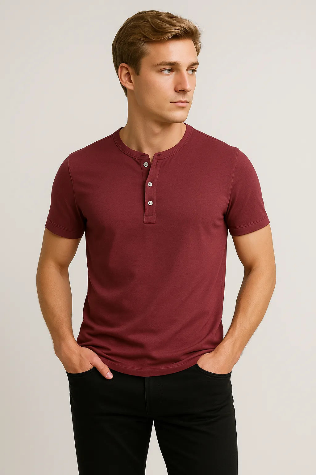 Camiseta Henley em Algodão Egípcio com Elastano Gola Padre