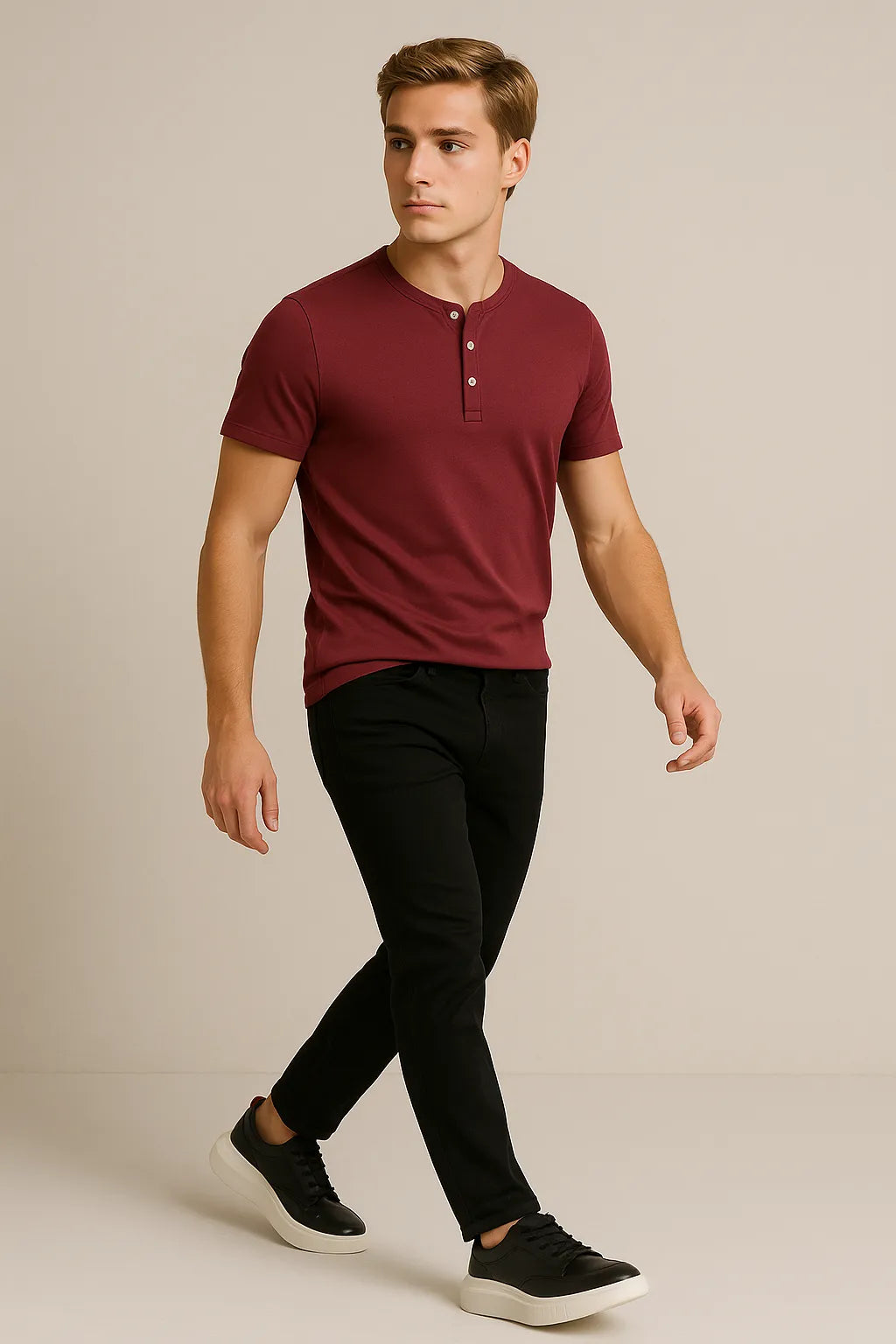 Camiseta Henley em Algodão Egípcio com Elastano Gola Padre