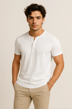 Camiseta Henley em Algodão Egípcio com Elastano Gola Padre
