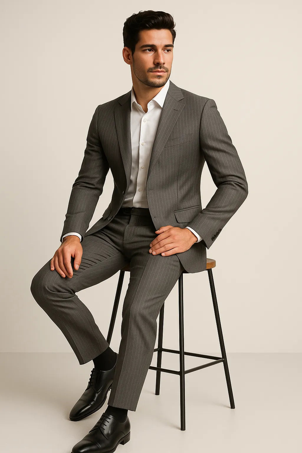 Terno Slim Masculino Cinza Risca de Giz em Poliviscose