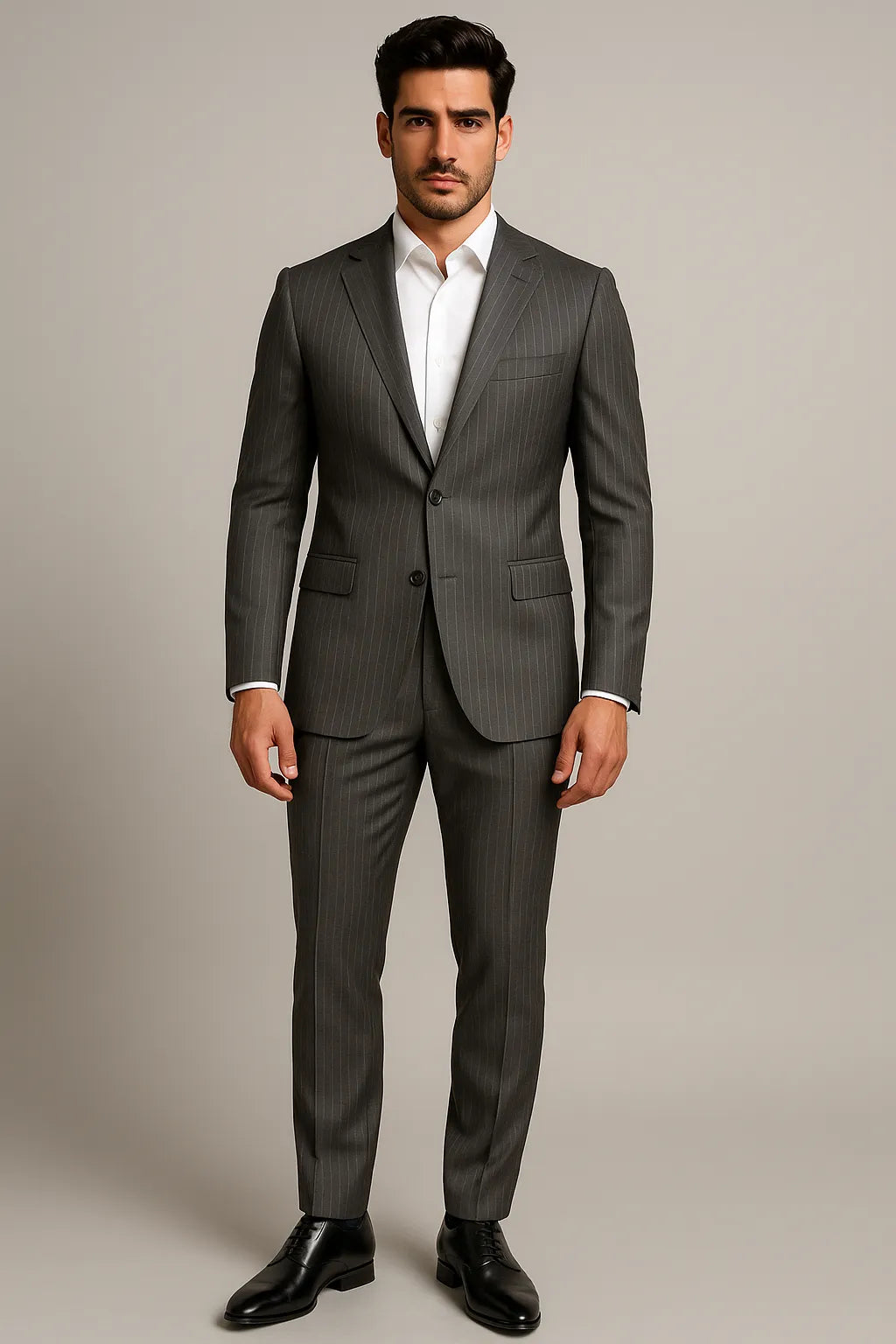 Terno Slim Masculino Cinza Risca de Giz em Poliviscose