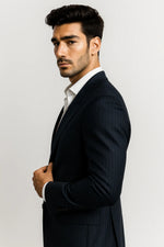 Terno Slim Masculino Azul Petróleo Risca de Giz em Poliviscose