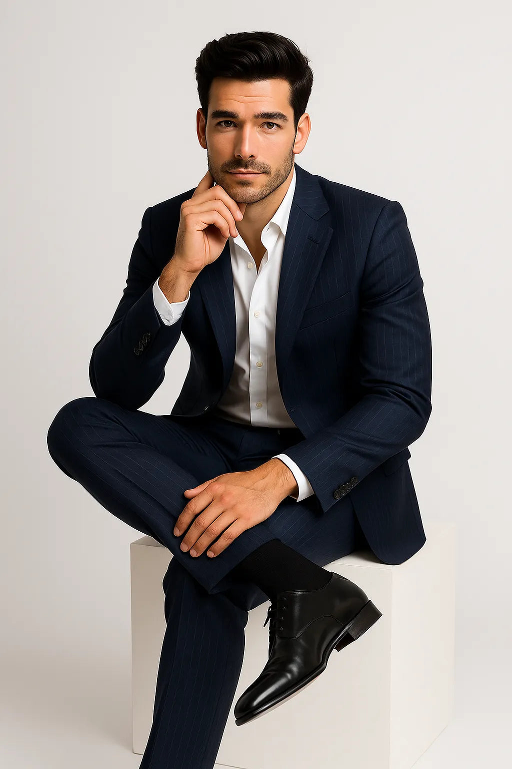 Terno Slim Masculino Azul Petróleo Risca de Giz em Poliviscose