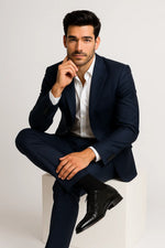 Terno Slim Masculino Azul Petróleo Risca de Giz em Poliviscose