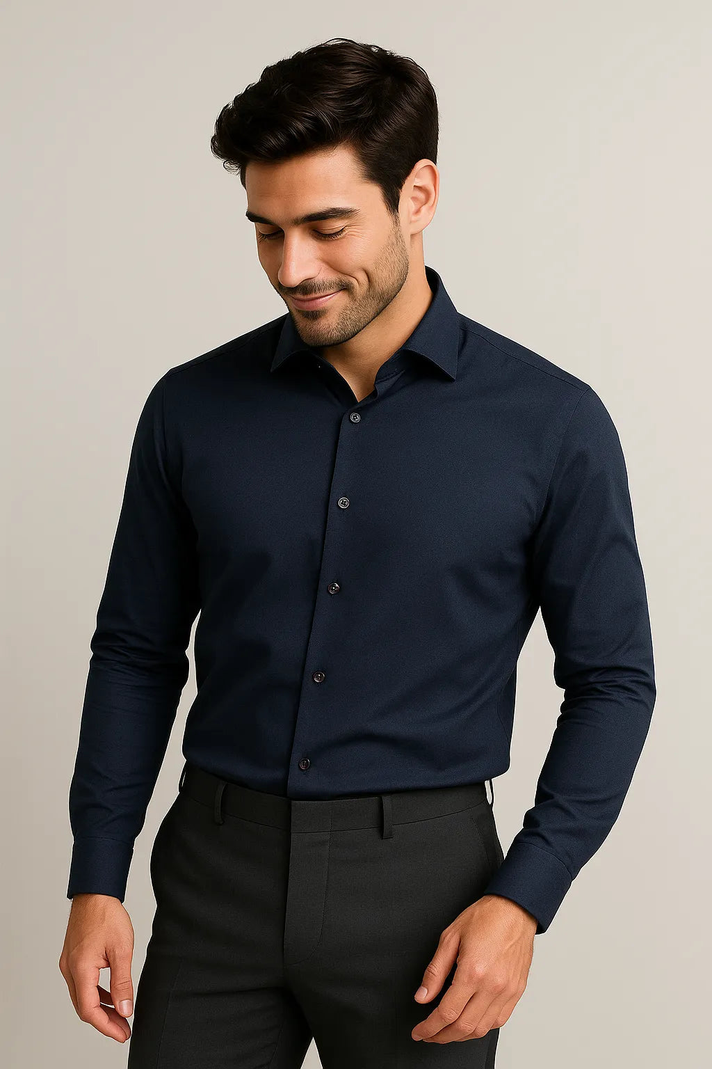 Camisa Social Slim Premium Azul Marinho com Elastano