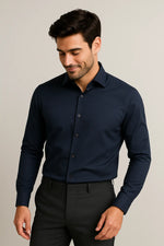 Camisa Social Slim Premium Azul Marinho com Elastano