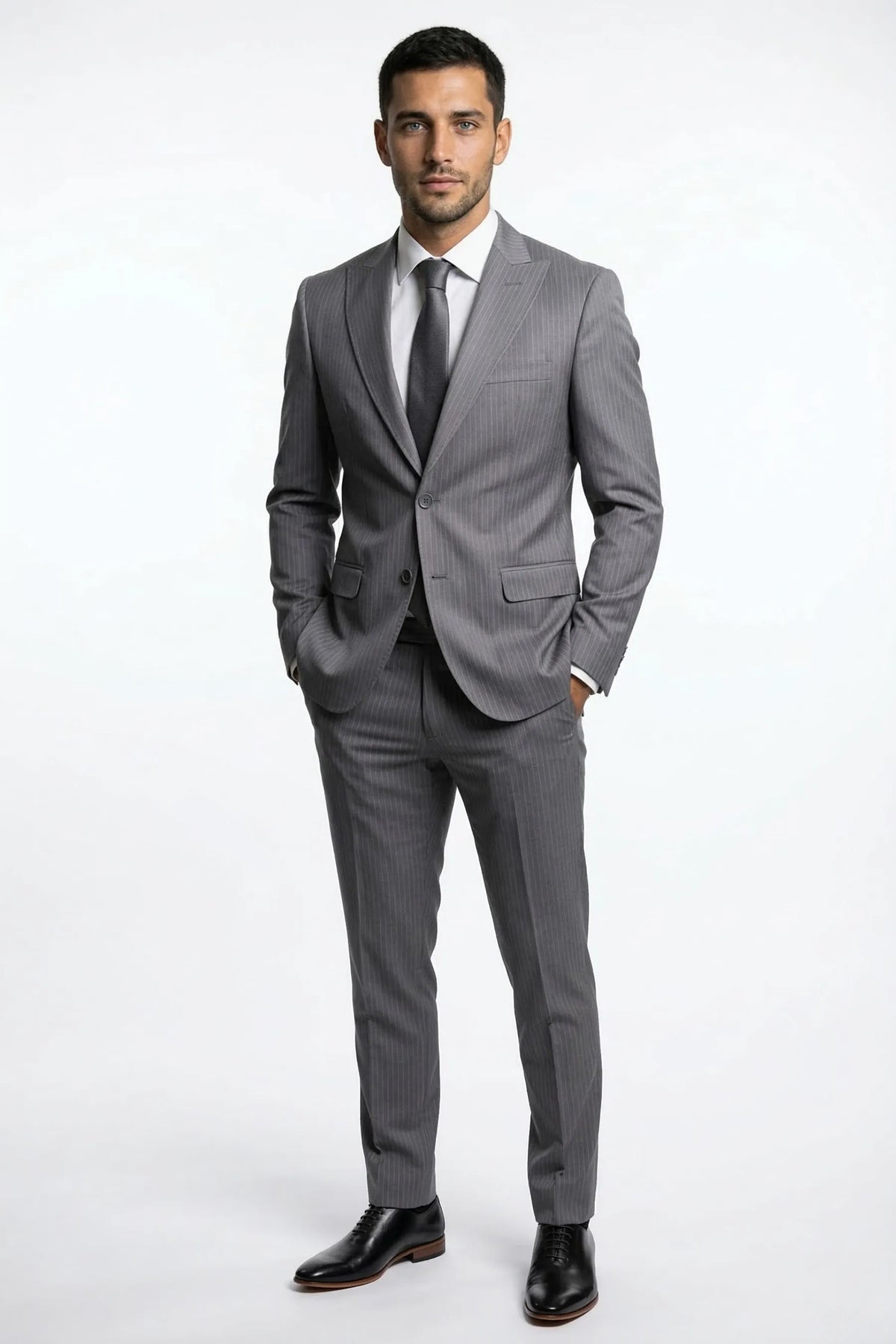 Terno Slim Masculino Cinza Risca de Giz em Poliviscose