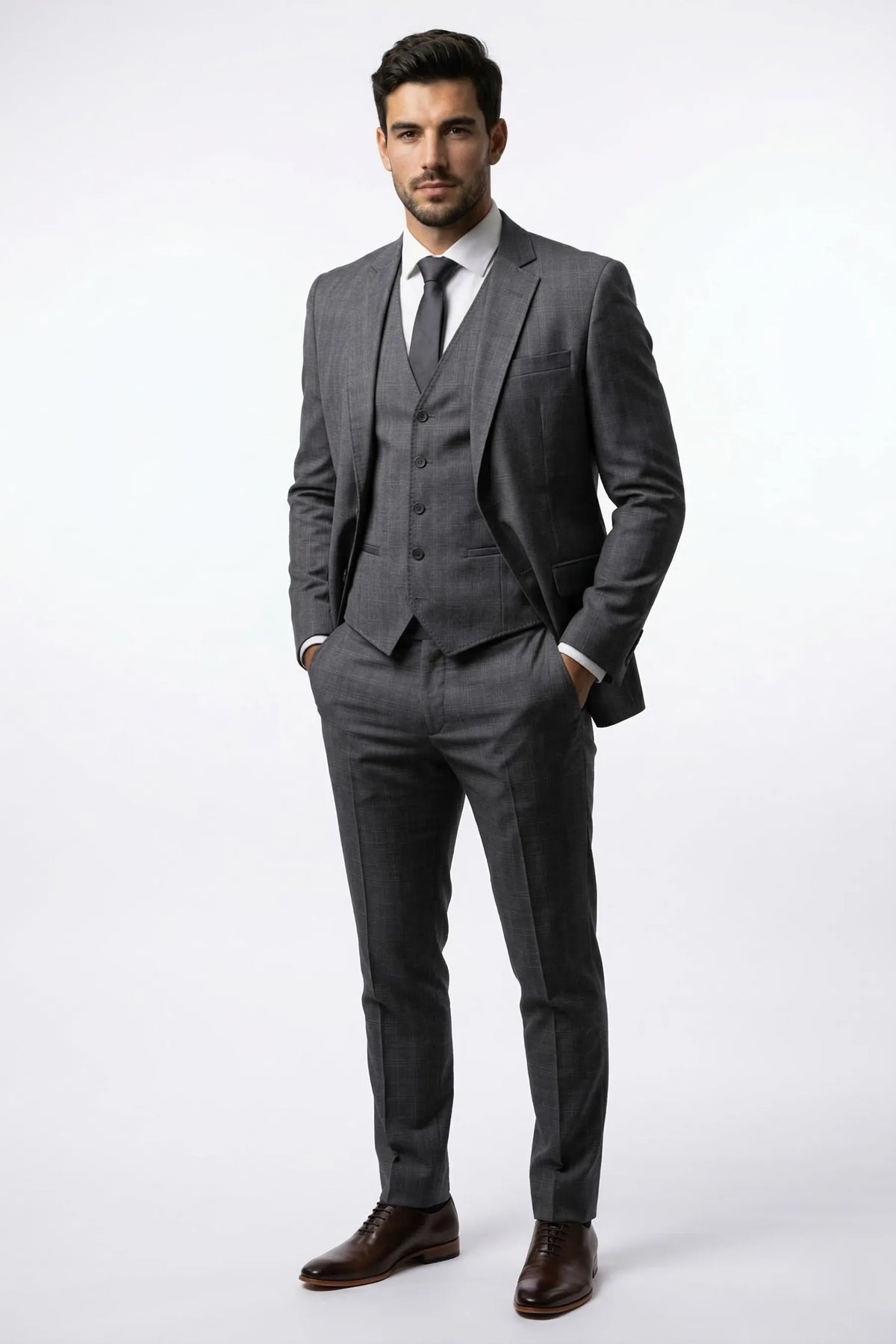 Terno Masculino Príncipe de Gales em Poliviscose Cinza Escuro