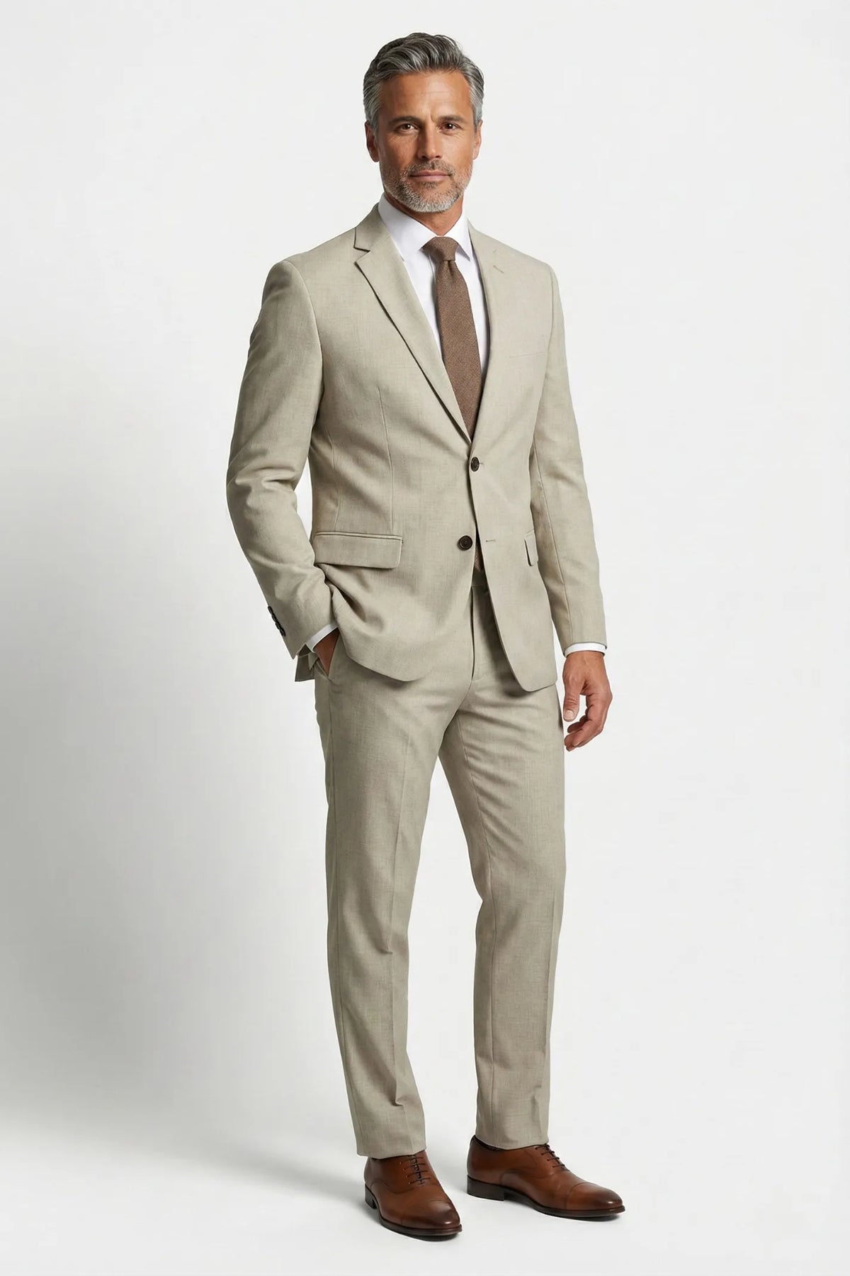 Terno Masculino Poliéster Semi Slim Areia Mesclado