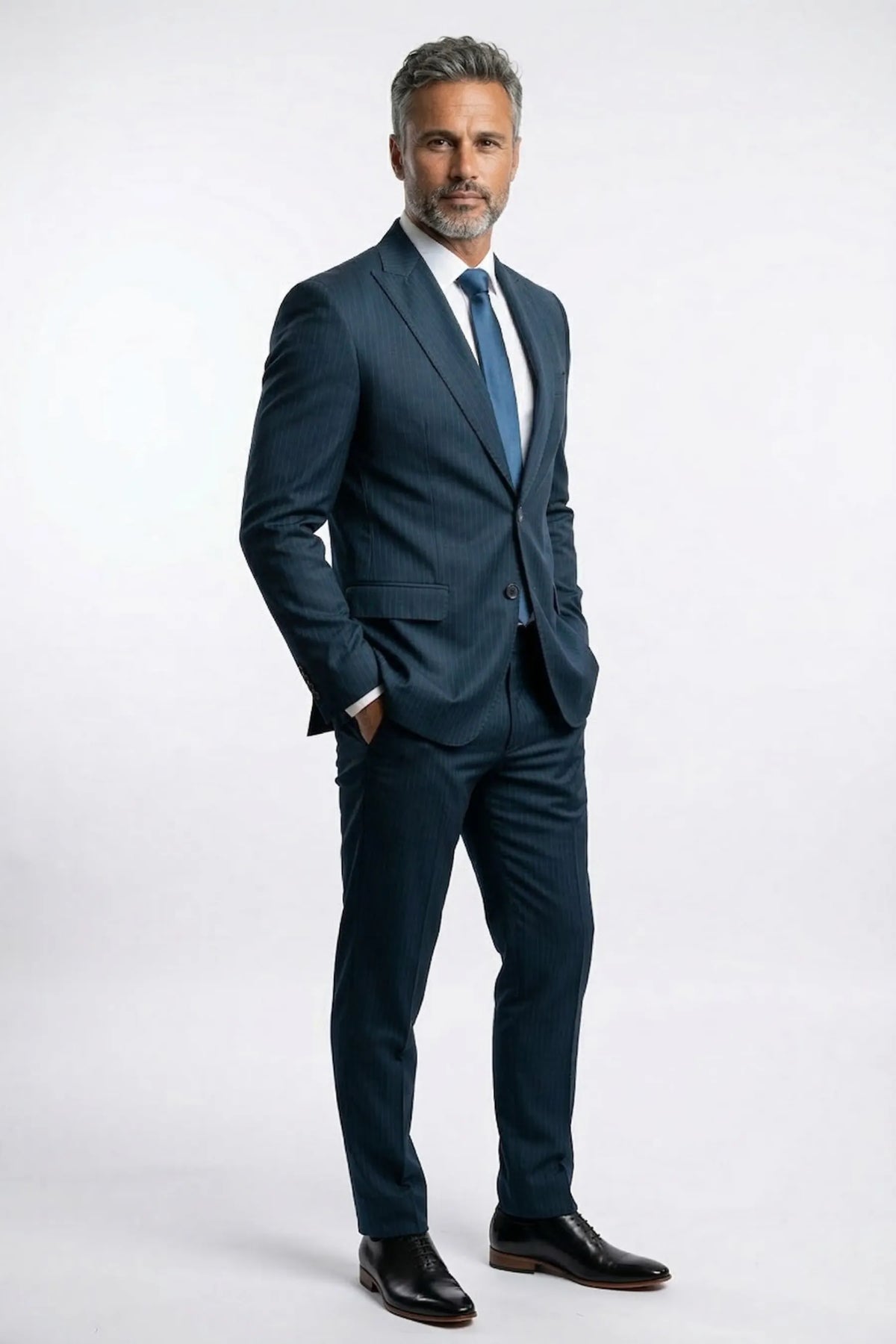 Terno Slim Masculino Azul Petróleo Risca de Giz em Poliviscose