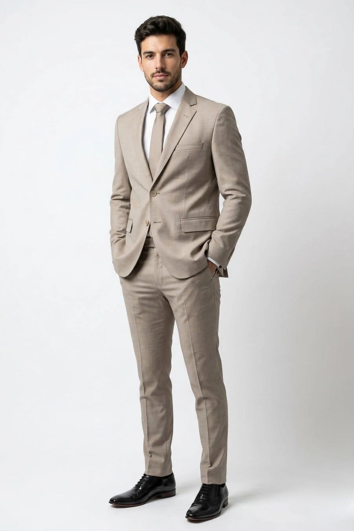 Terno Slim Masculino Bege Mesclado em Poliviscose