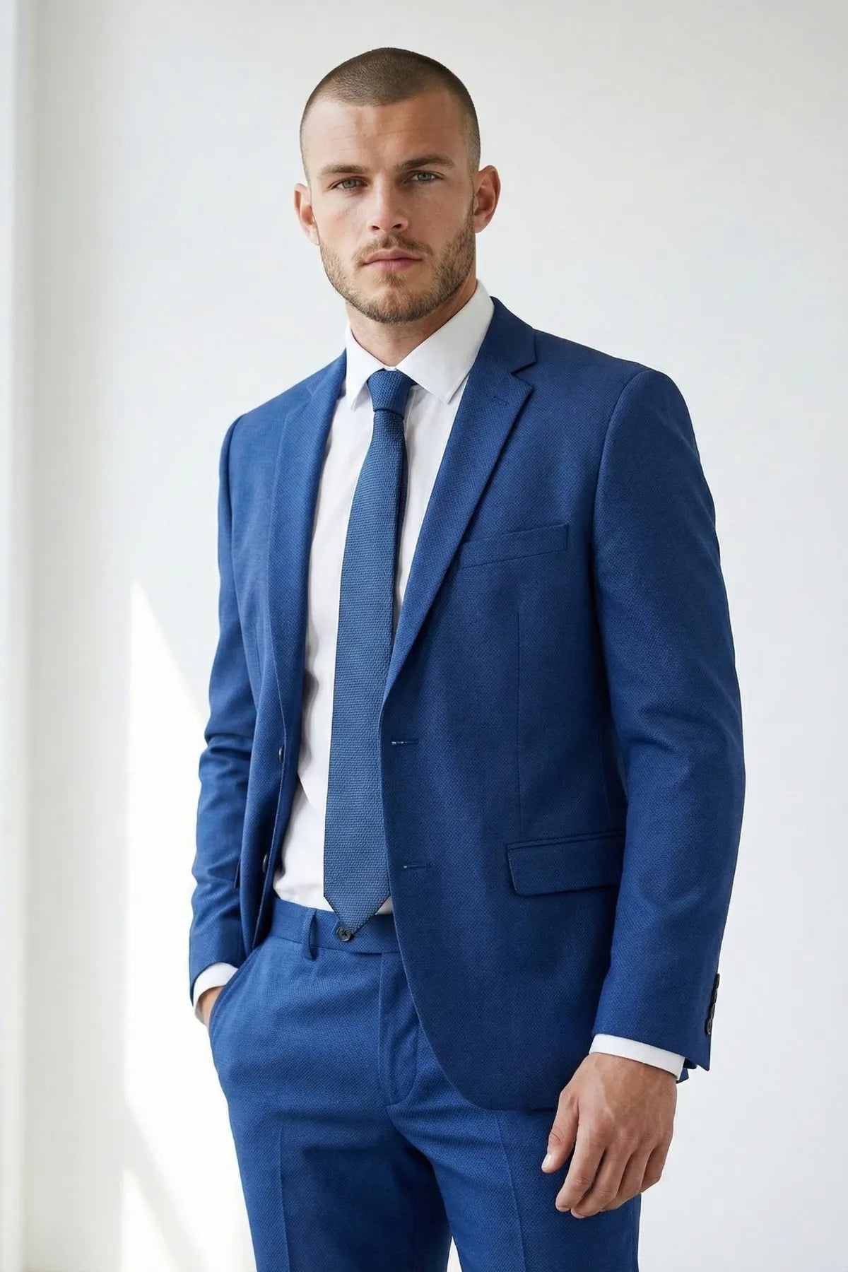 Terno Masculino Poliéster Semi Slim Azul Texturizado