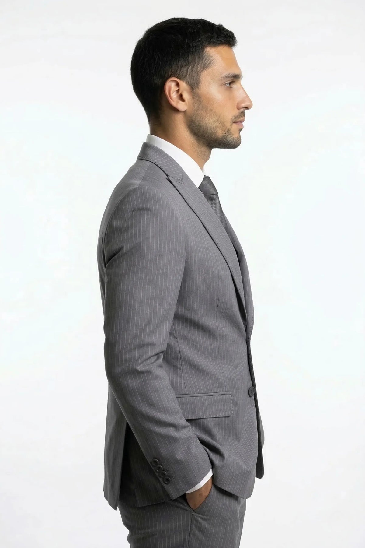 Terno Slim Masculino Cinza Risca de Giz em Poliviscose