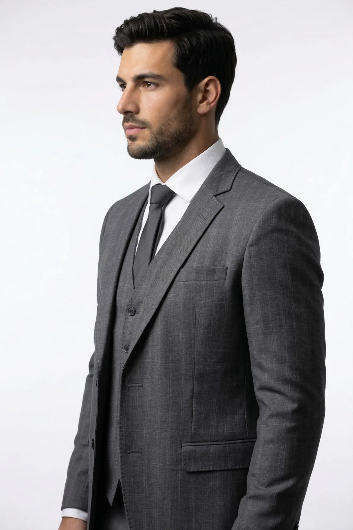 Terno Masculino Príncipe de Gales em Poliviscose Cinza Escuro