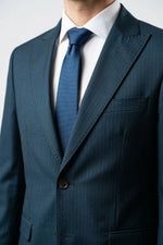 Terno Slim Masculino Azul Petróleo Risca de Giz em Poliviscose