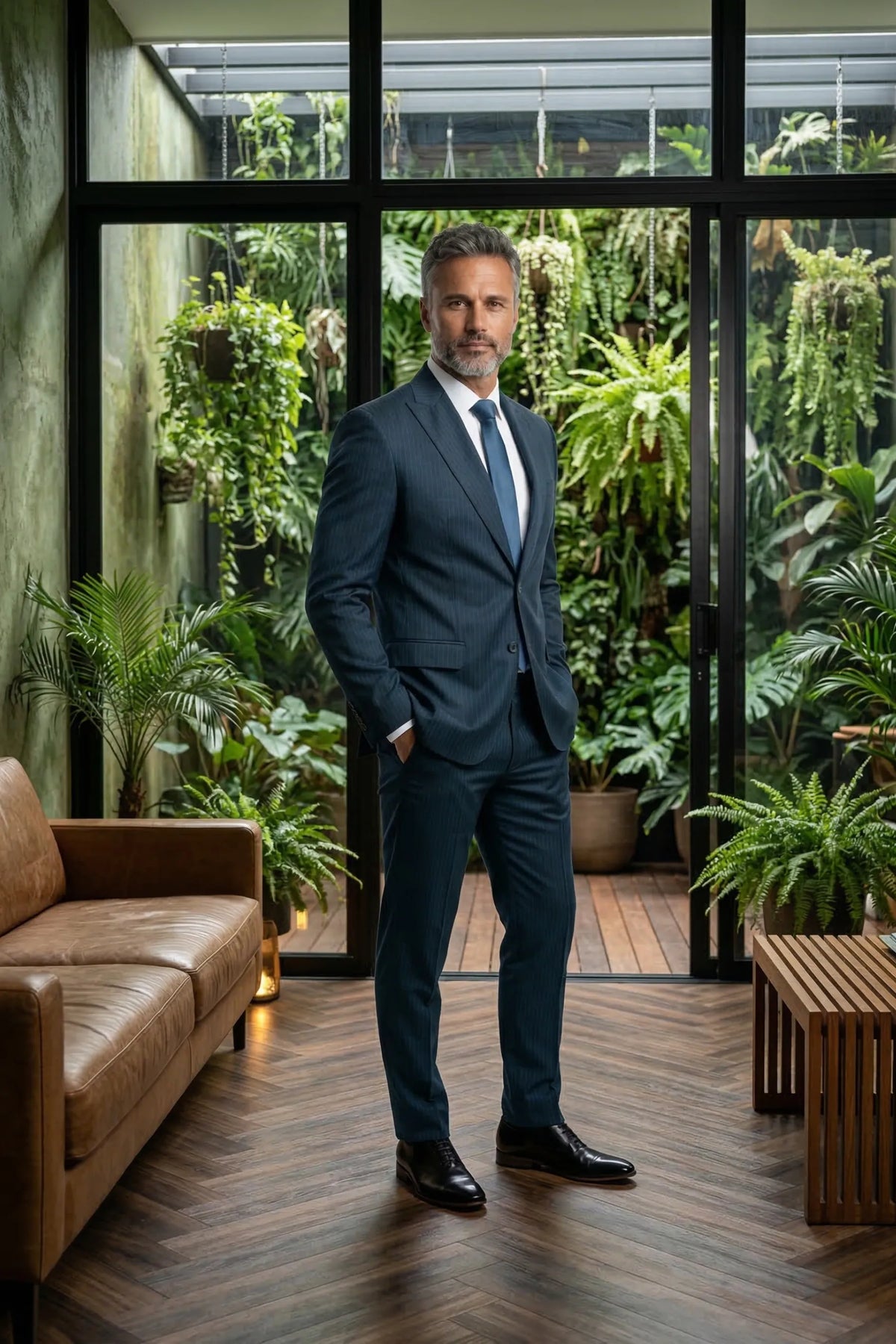 Terno Slim Masculino Azul Petróleo Risca de Giz em Poliviscose