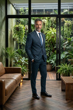 Terno Slim Masculino Azul Petróleo Risca de Giz em Poliviscose