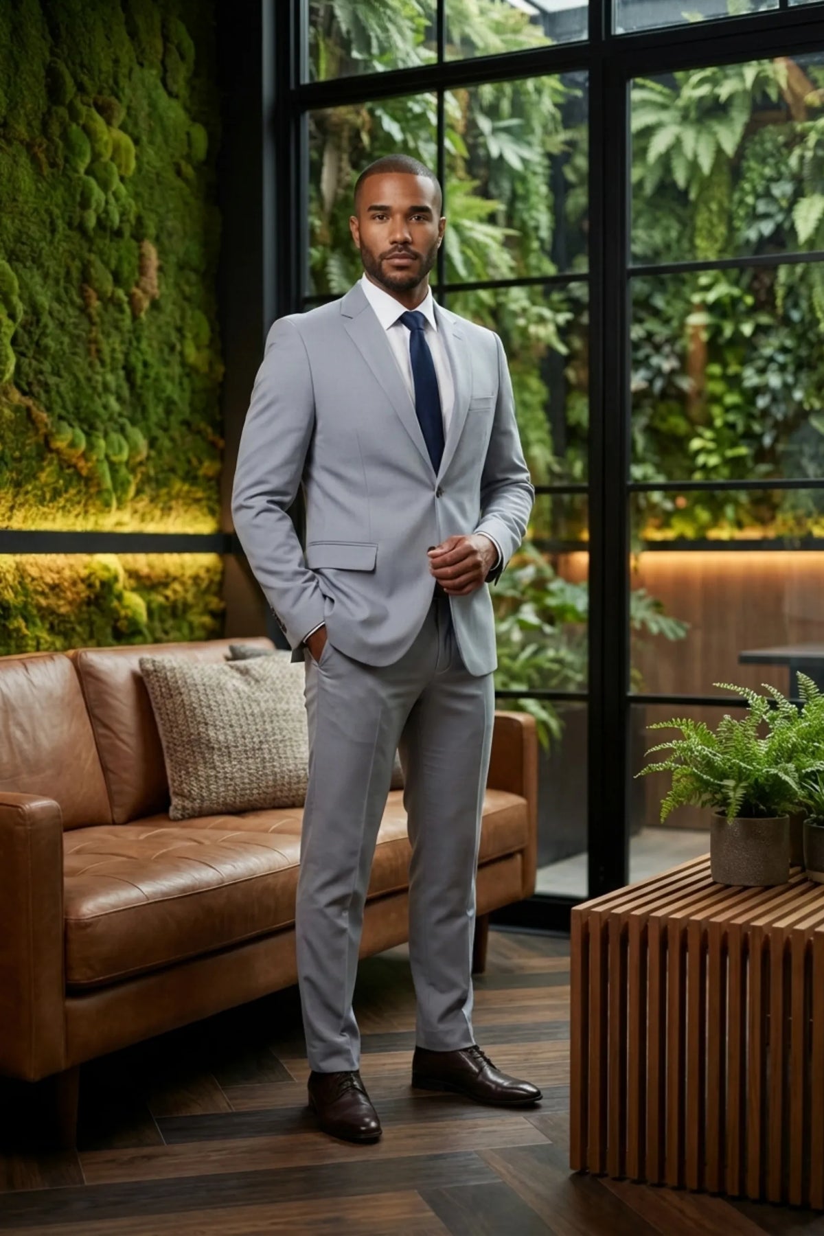 Terno Masculino Poliéster Semi Slim Cinza Claro